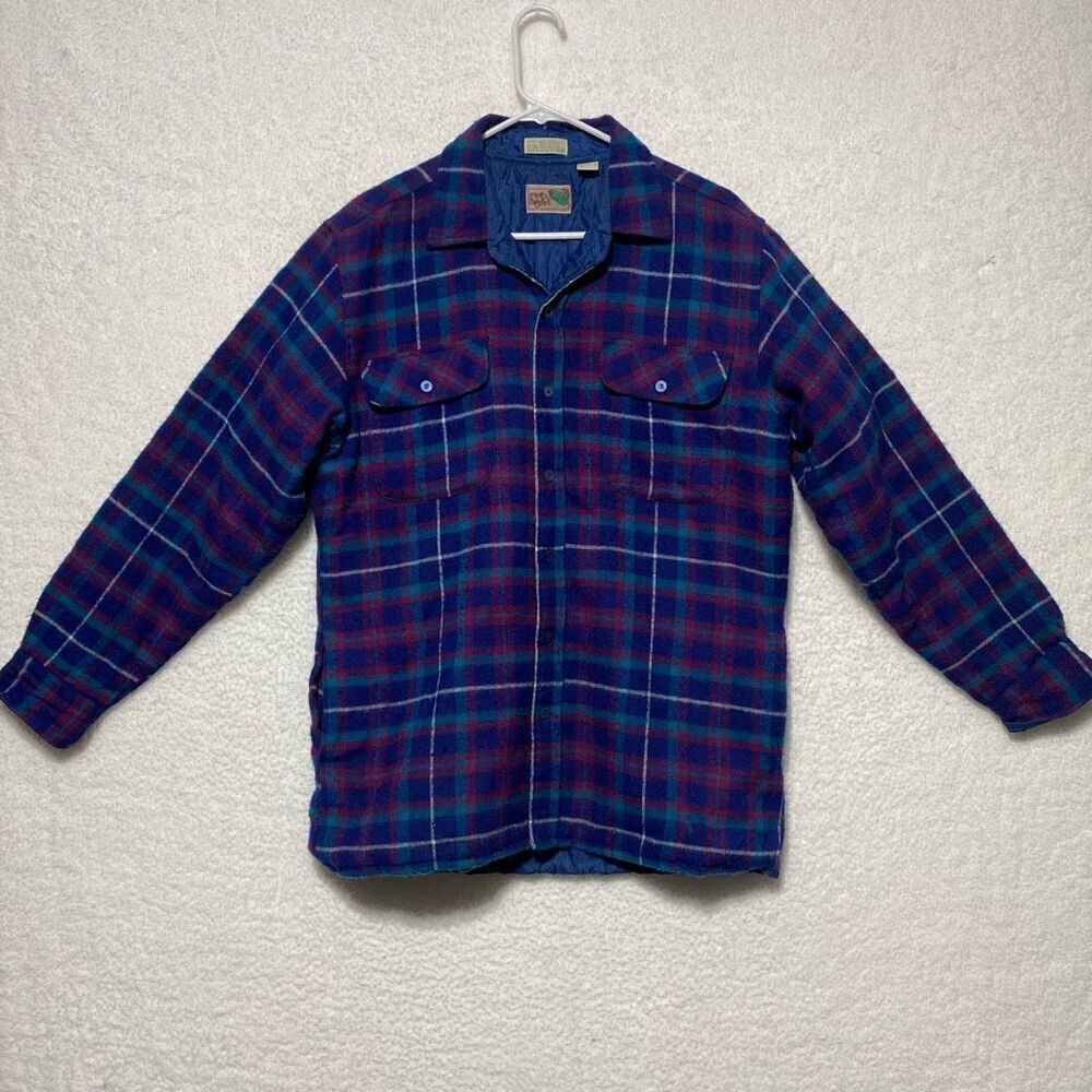 Vintage Pine Grove Men's Quilt Flannel Plaid Button Up Shirt Jacket Blue Medium